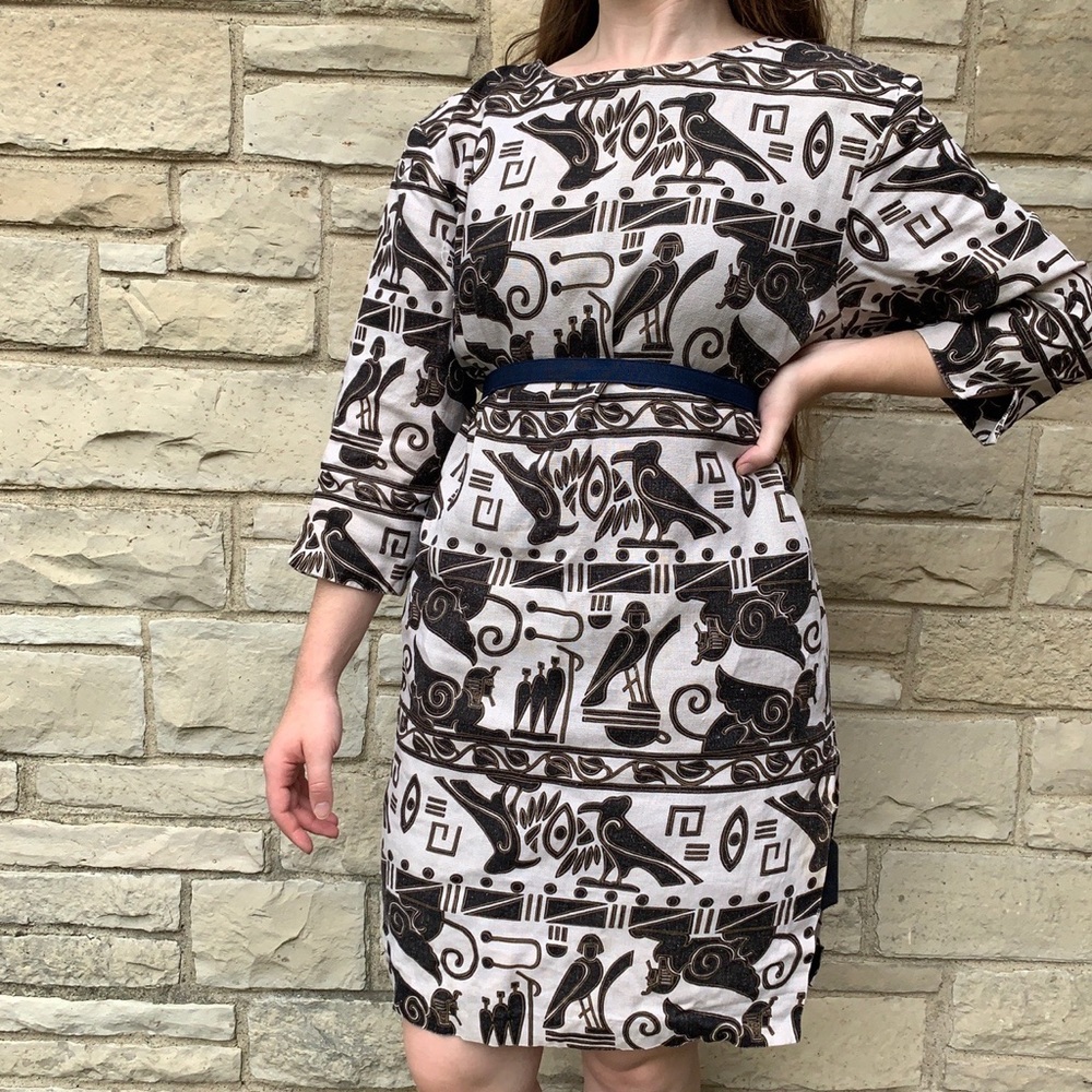 Vintage Egyptian Hieroglyphics Linen Sheath Dress